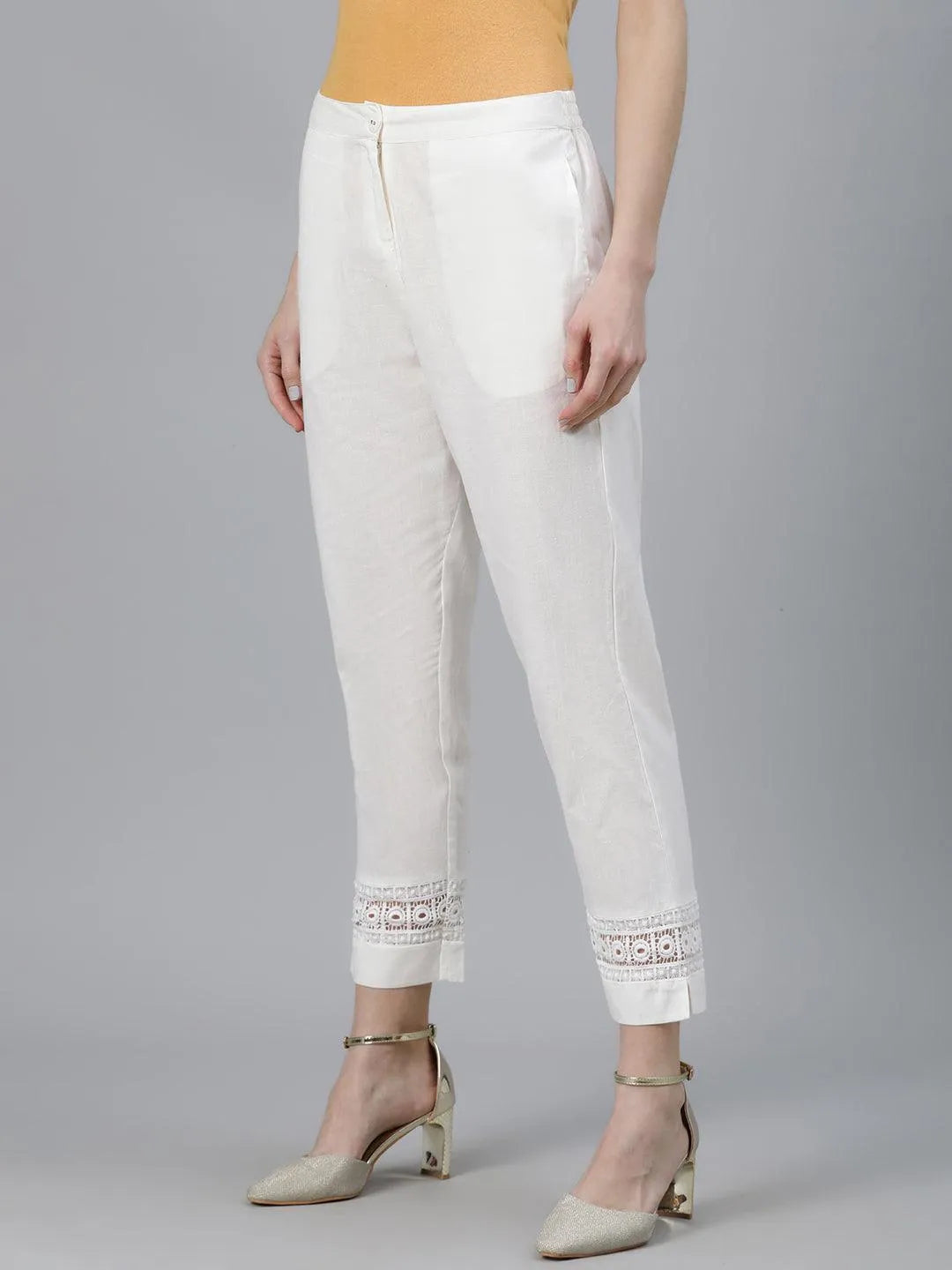 Off-White Solid Cotton Palazzos - Libas 