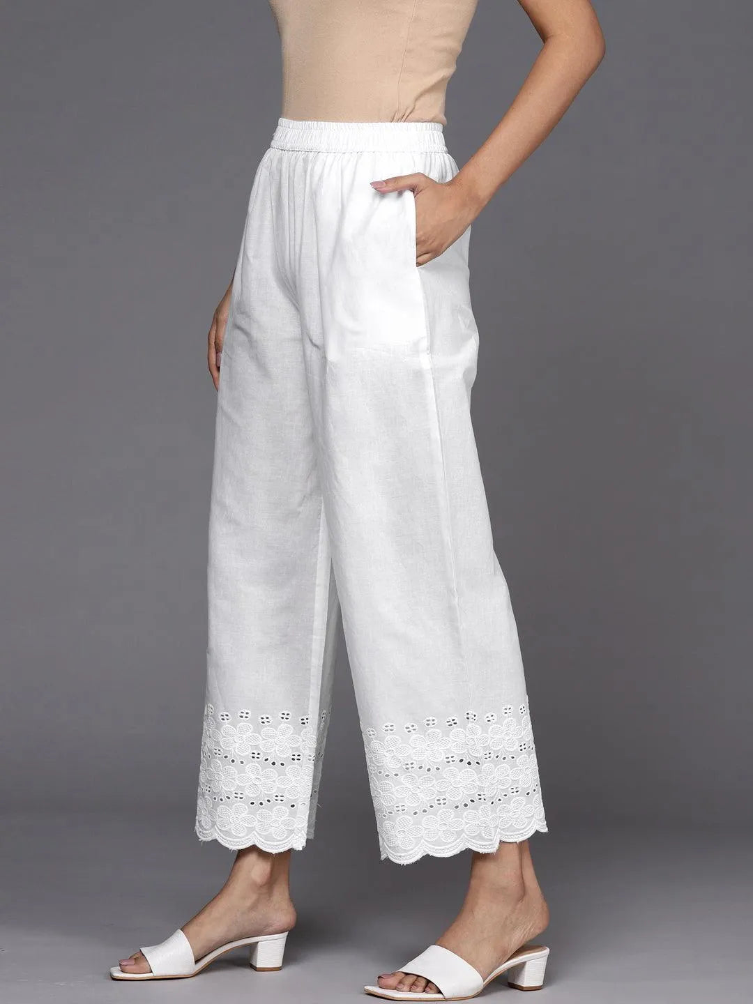 Off White Solid Cotton Palazzos - Libas