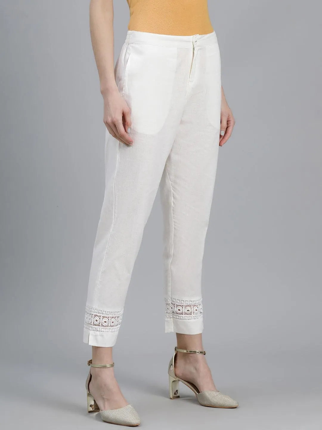 Off-White Solid Cotton Palazzos - Libas 