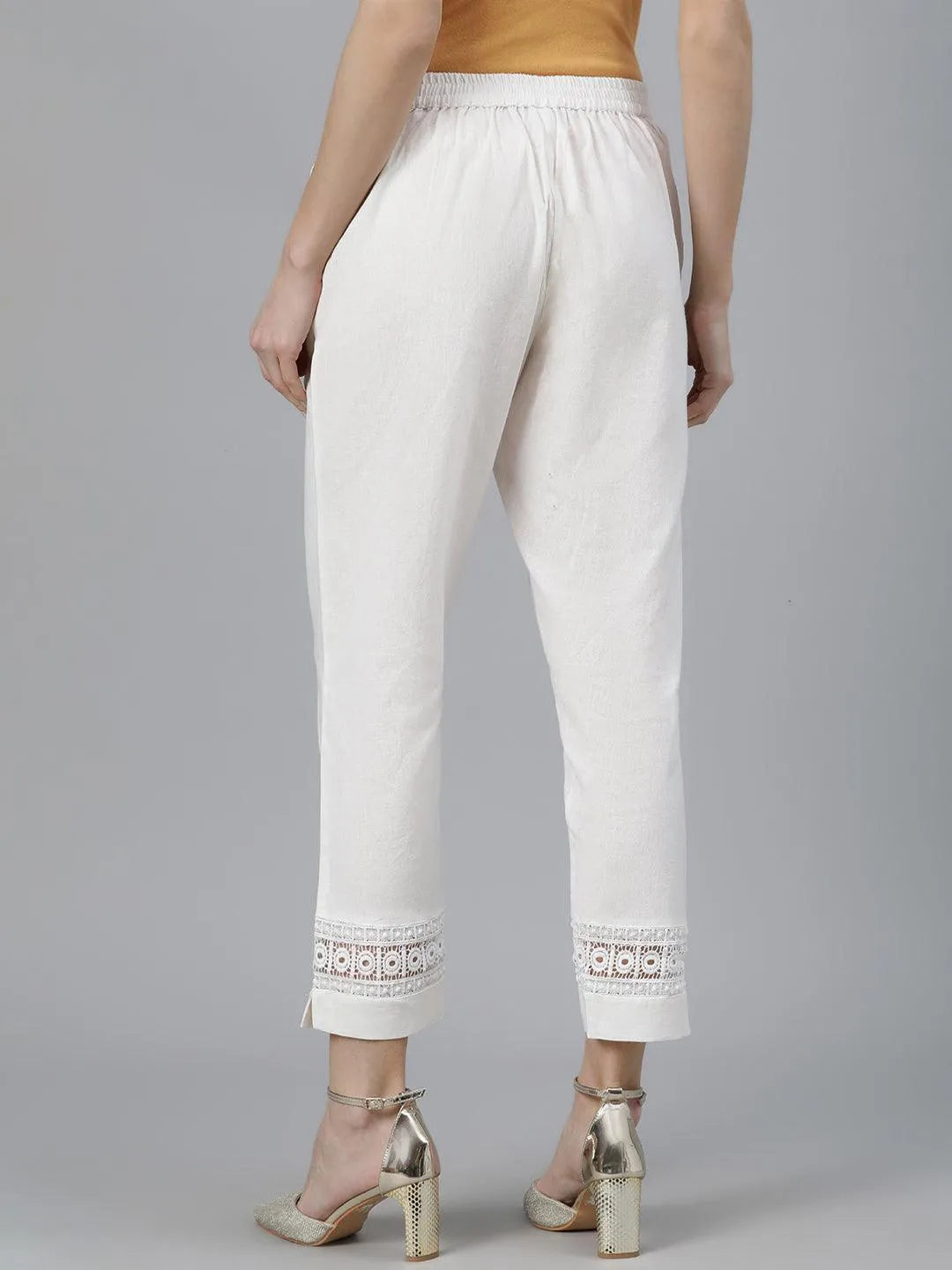 Off-White Solid Cotton Palazzos - Libas 