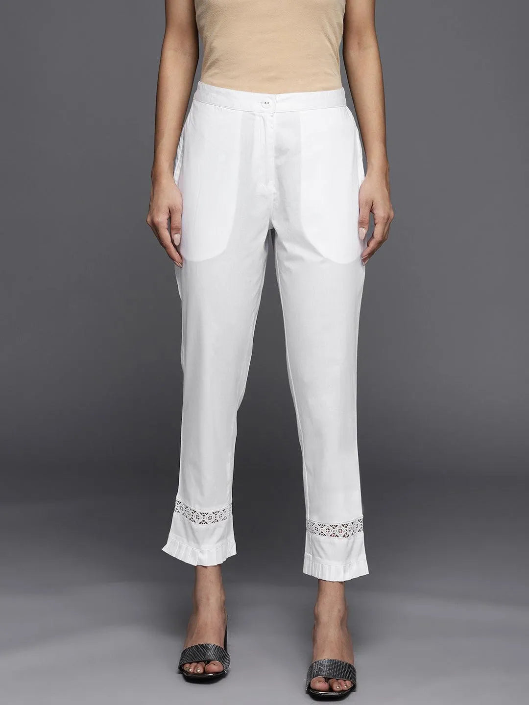 Off White Solid Cotton Trousers - Libas