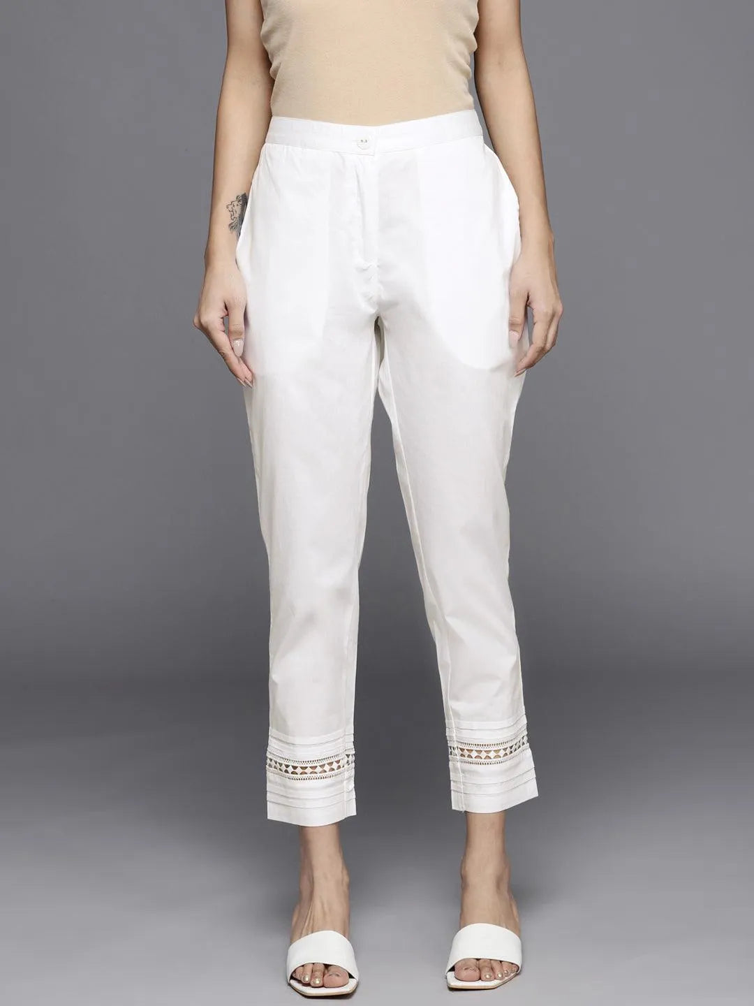 Off White Solid Cotton Trousers - Libas