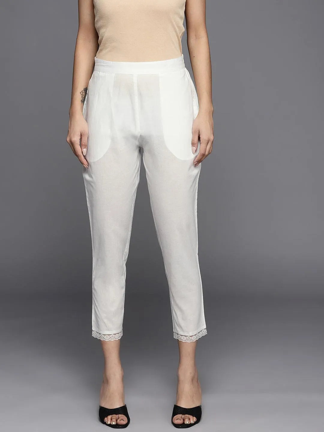 Off White Solid Cotton Trousers - Libas