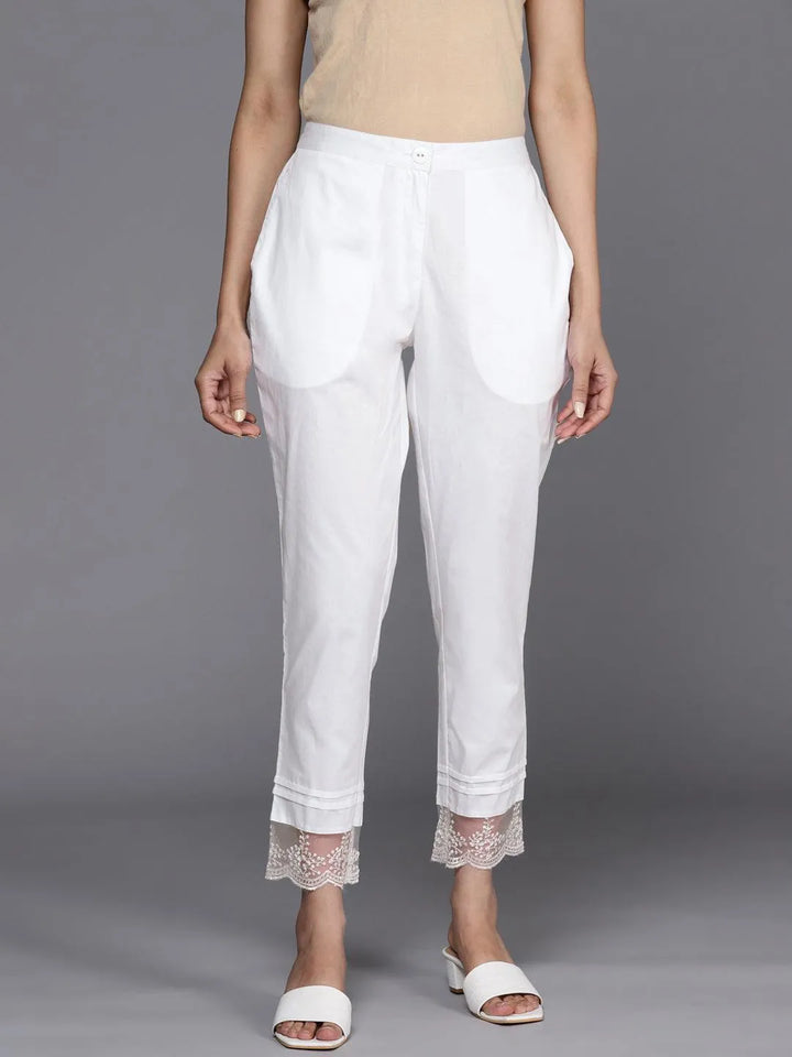 Off White Solid Cotton Trousers - Libas