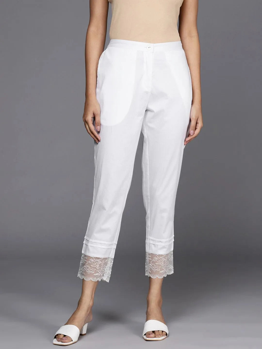 Off White Solid Cotton Trousers - Libas