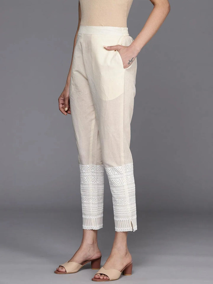 Off White Solid Cotton Trousers - Libas