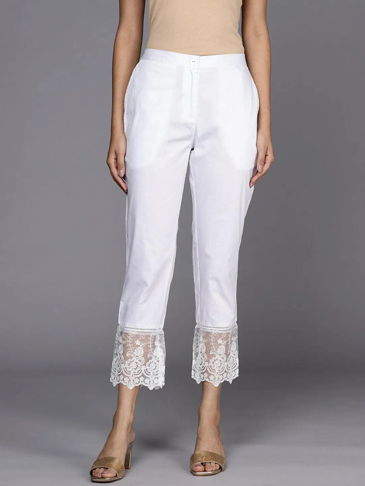 Off White Solid Cotton Trousers - Libas