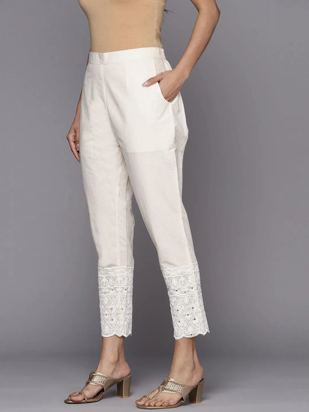 Off White Solid Cotton Trousers - Libas