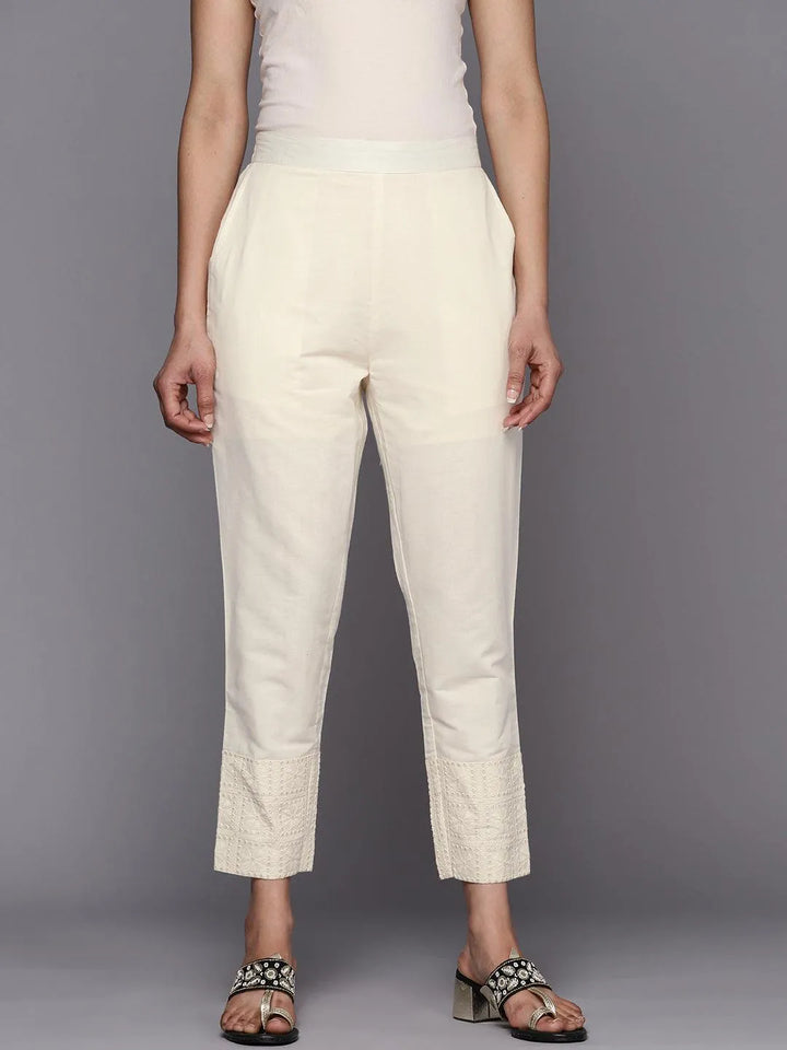 Off White Solid Cotton Trousers - Libas