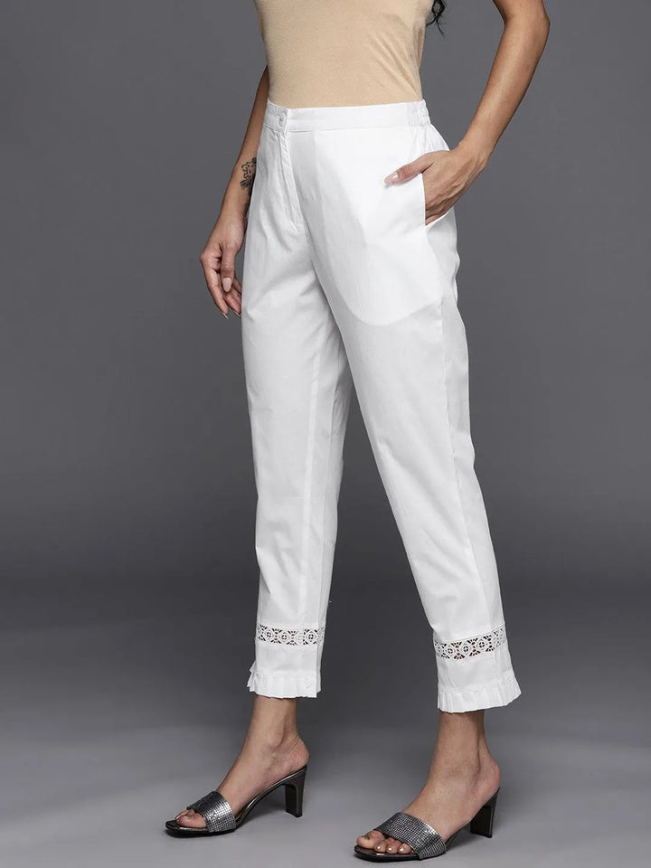 Off White Solid Cotton Trousers - Libas