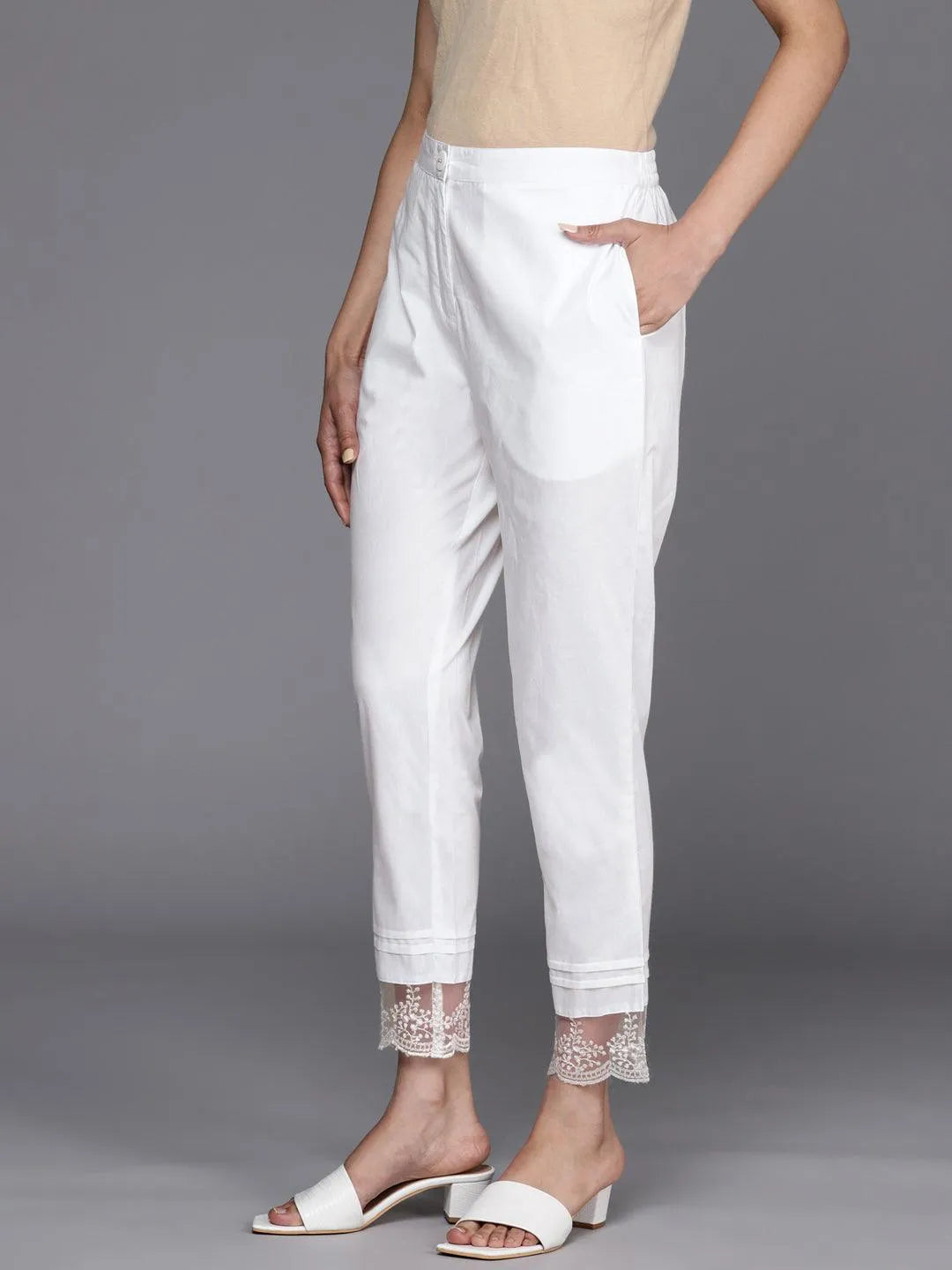 Off White Solid Cotton Trousers - Libas