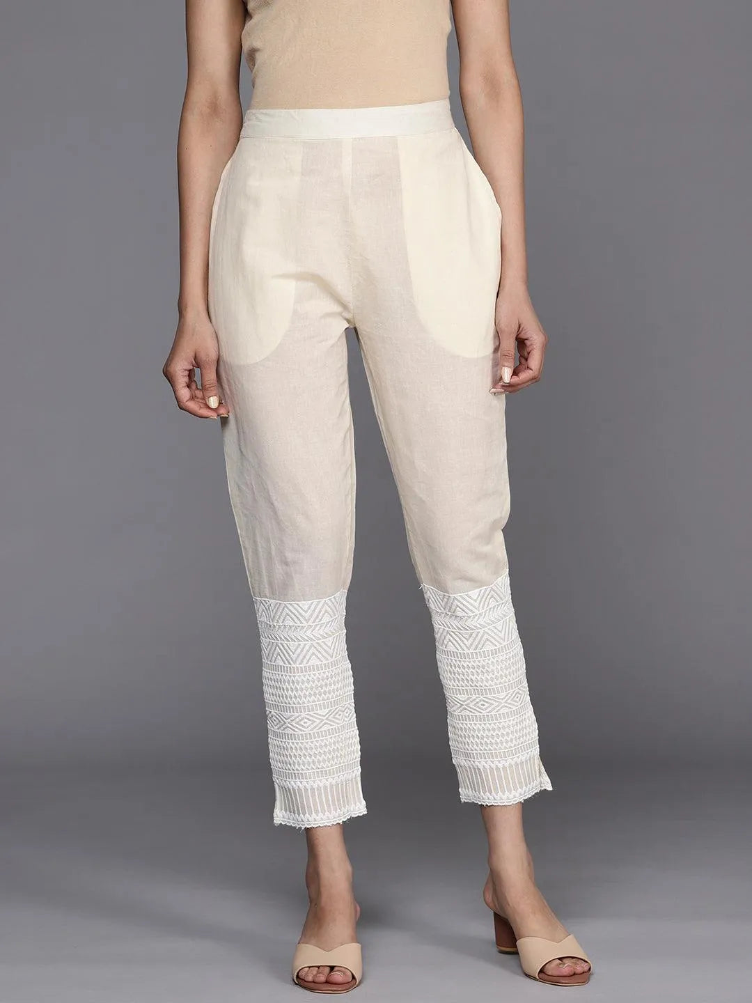 Off White Solid Cotton Trousers - Libas