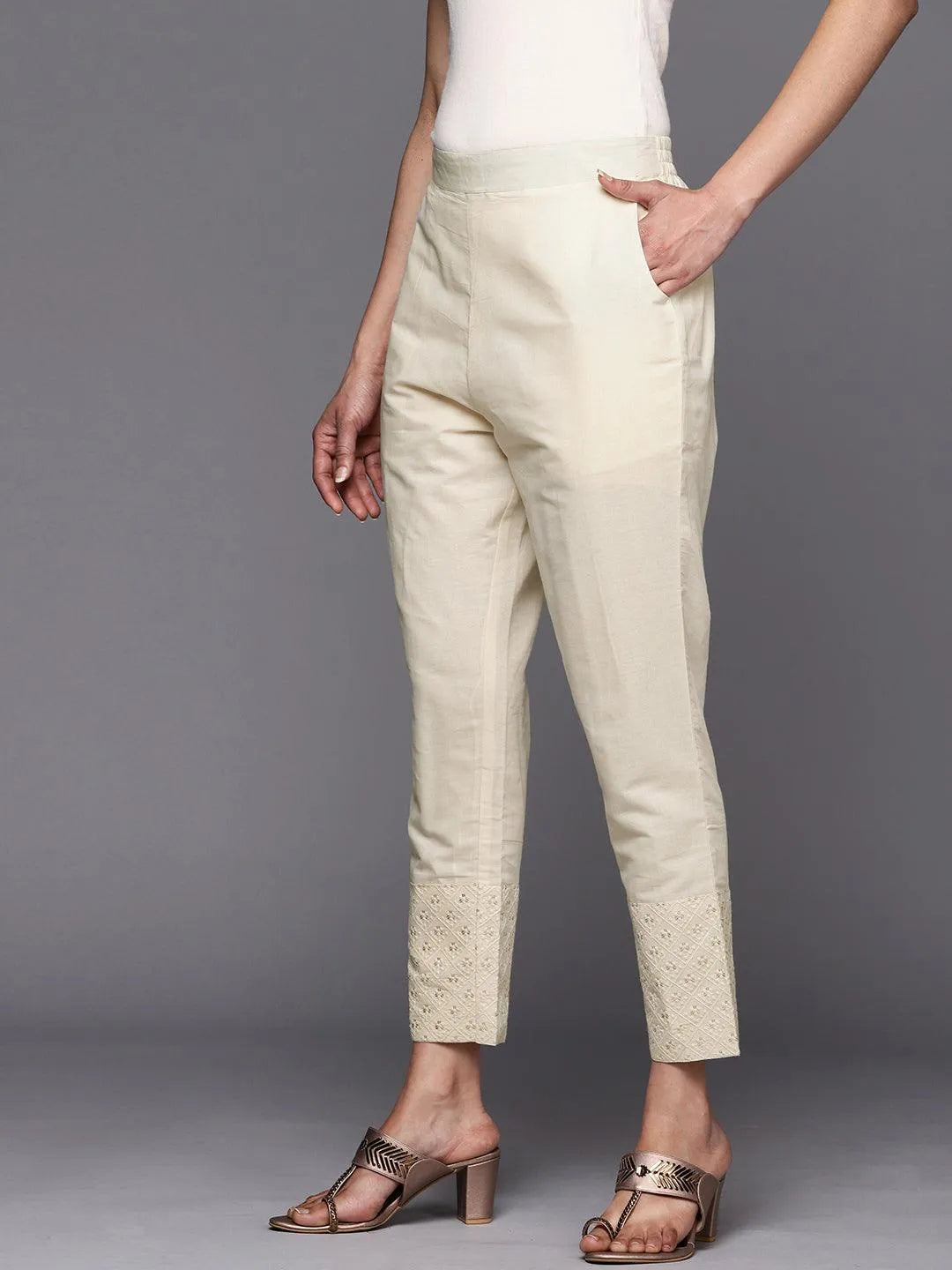 Off White Solid Cotton Trousers - Libas