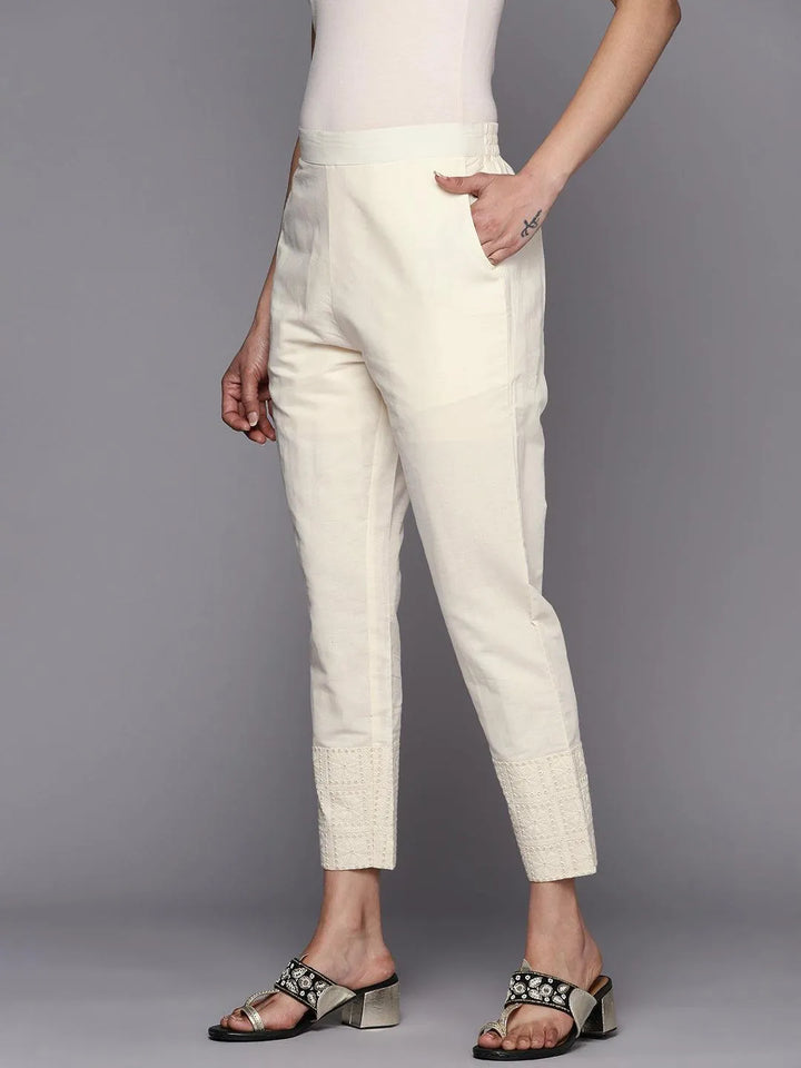 Off White Solid Cotton Trousers - Libas