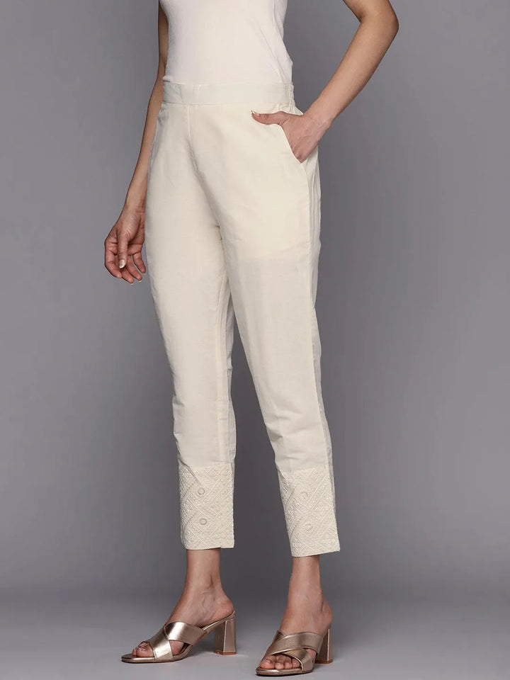 Off White Solid Cotton Trousers - Libas