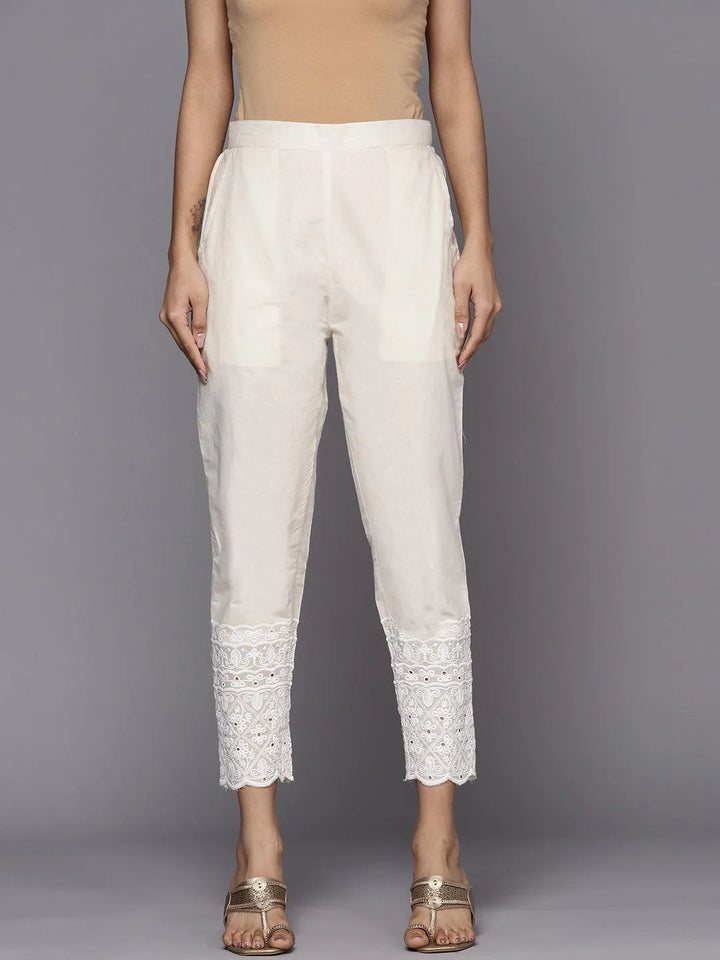 Off White Solid Cotton Trousers - Libas