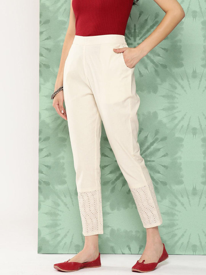 Off White Solid Cotton Trousers - Libas