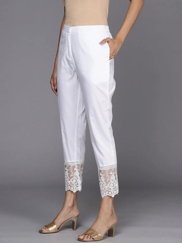 Off White Solid Cotton Trousers - Libas