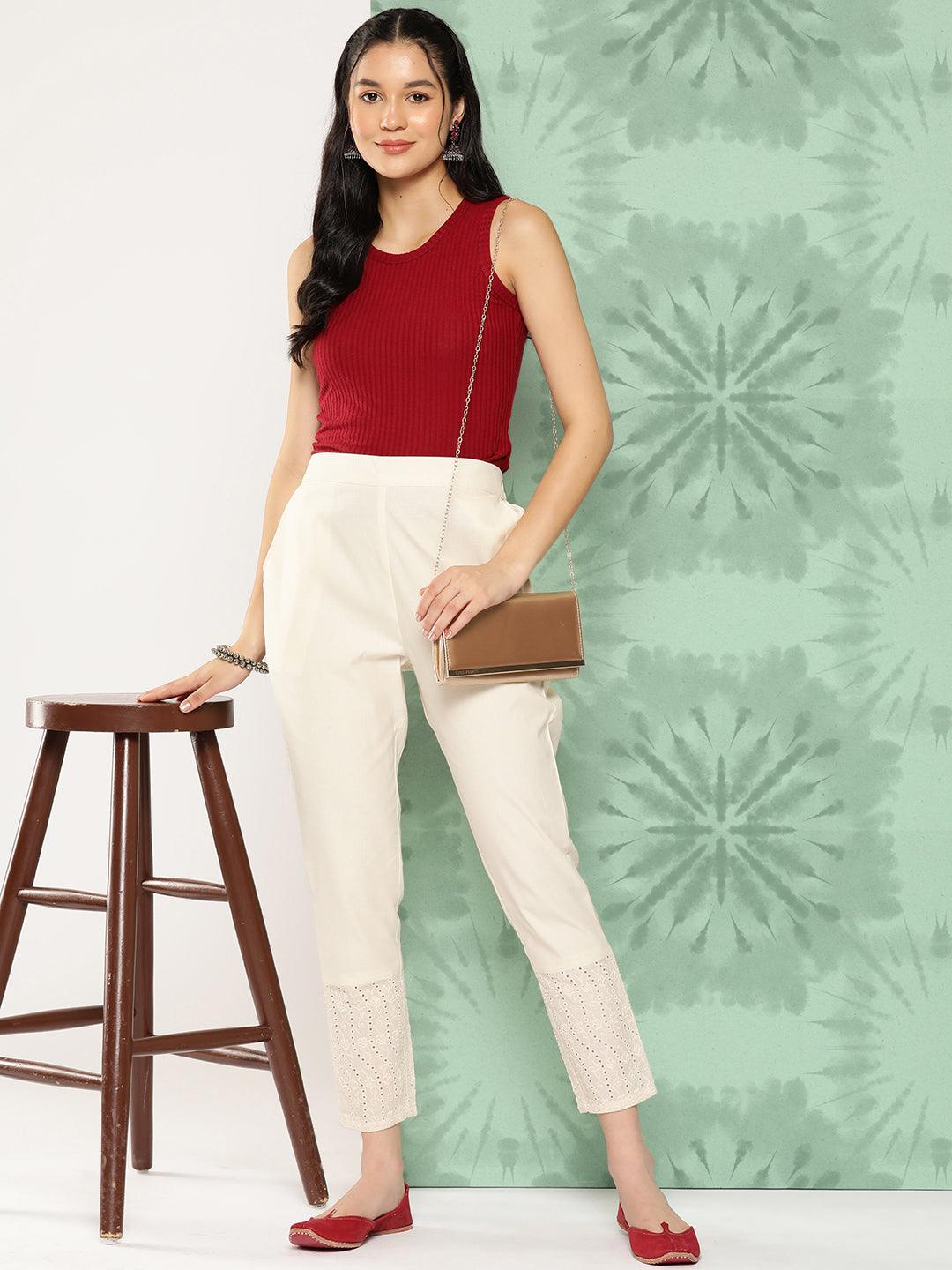 Off White Solid Cotton Trousers - Libas