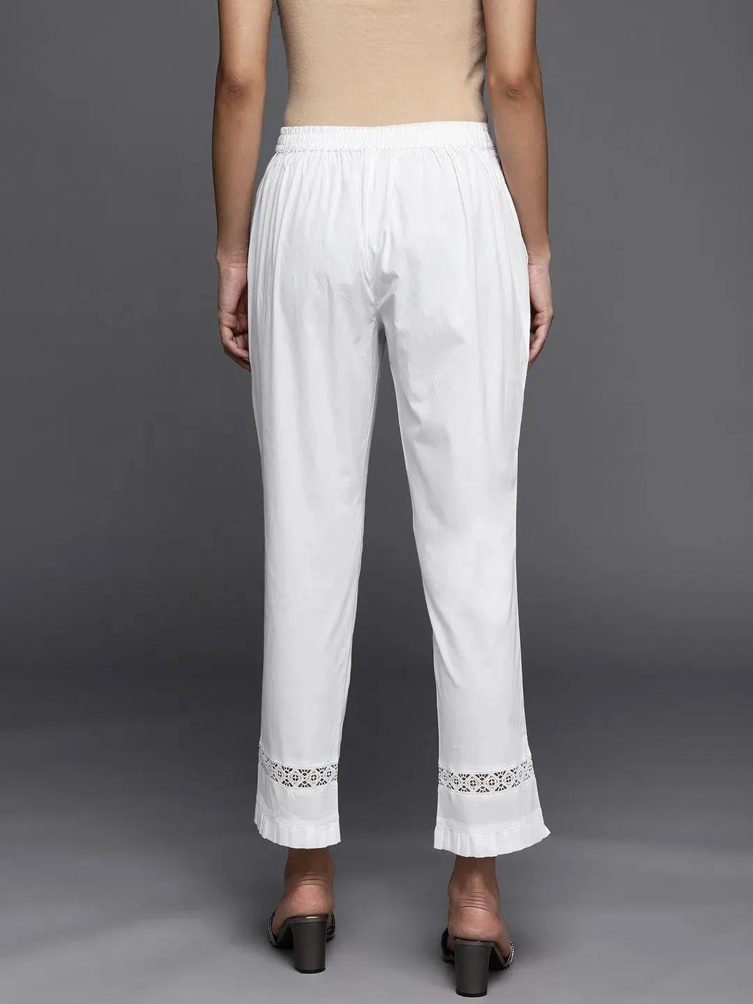 Off White Solid Cotton Trousers - Libas