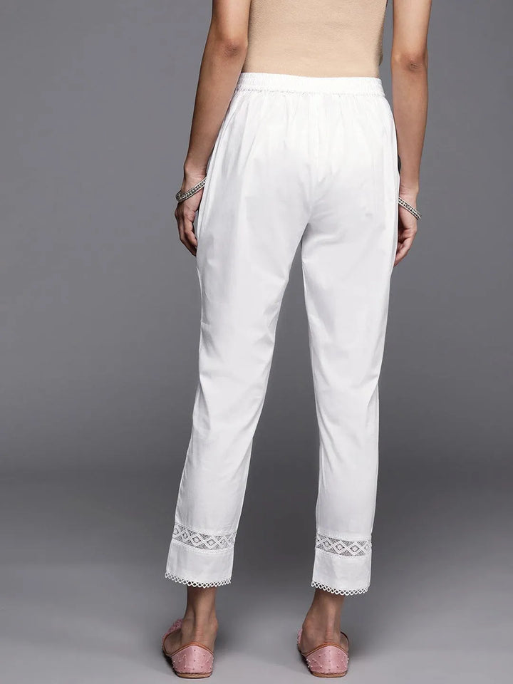 Off White Solid Cotton Trousers - Libas