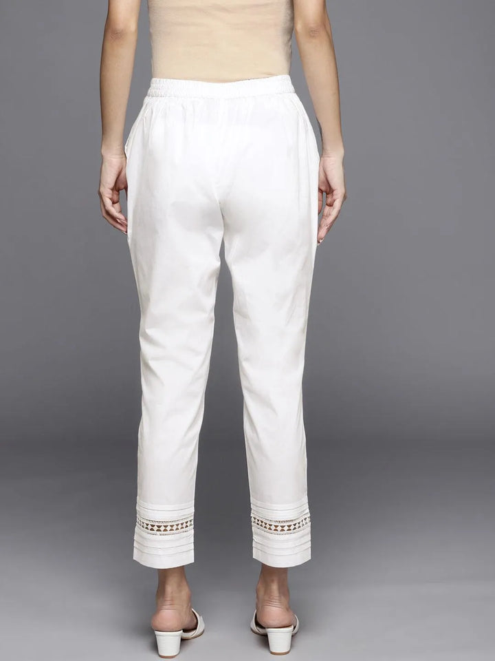 Off White Solid Cotton Trousers - Libas