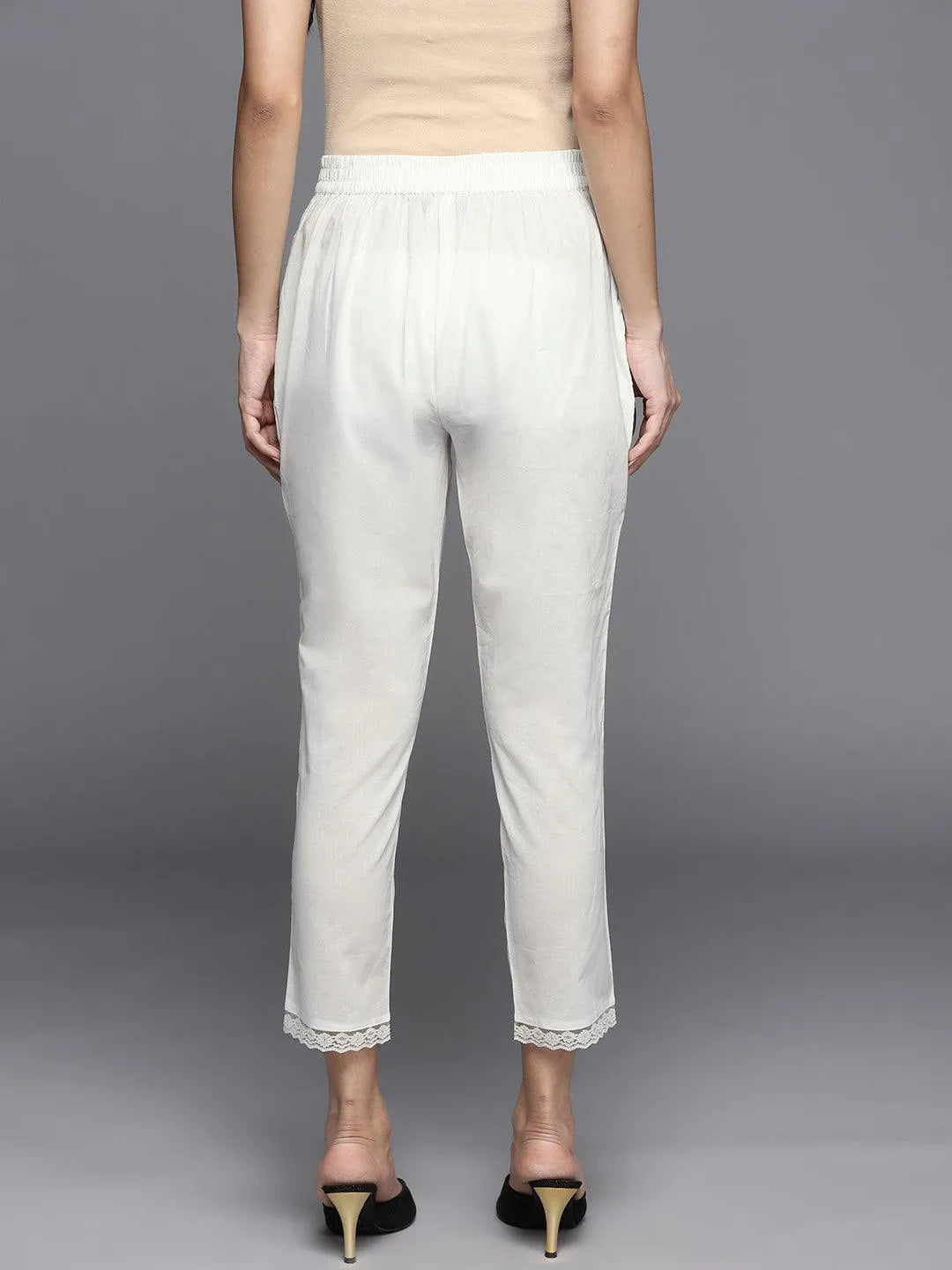 Off White Solid Cotton Trousers - Libas