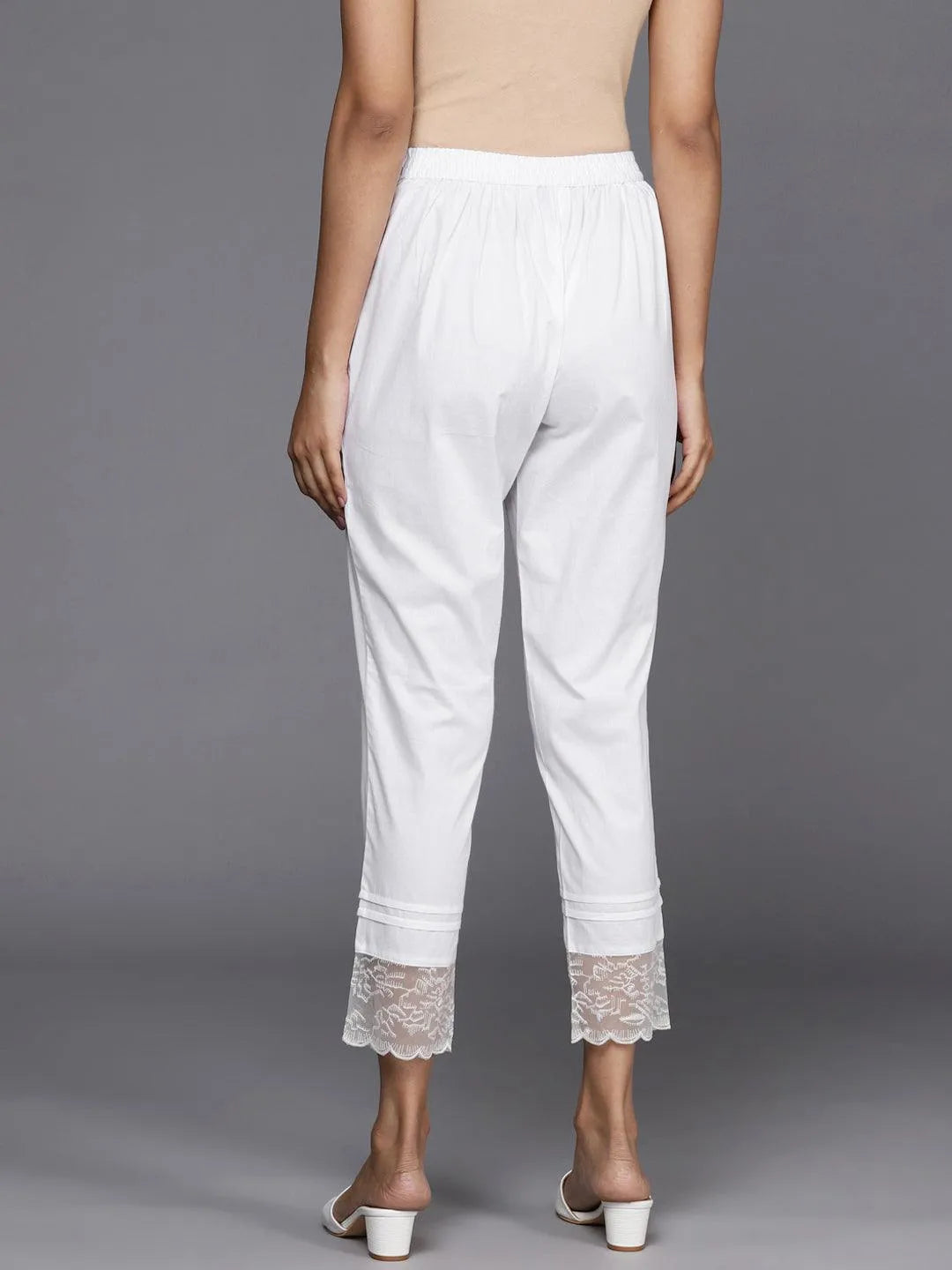 Off White Solid Cotton Trousers - Libas