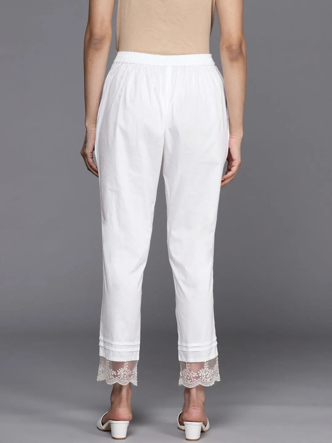 Off White Solid Cotton Trousers - Libas