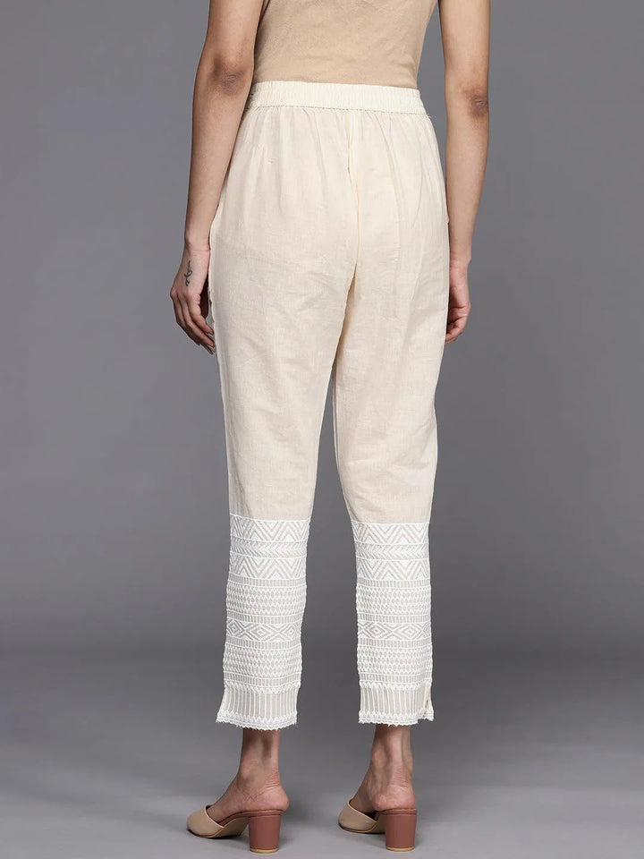 Off White Solid Cotton Trousers - Libas