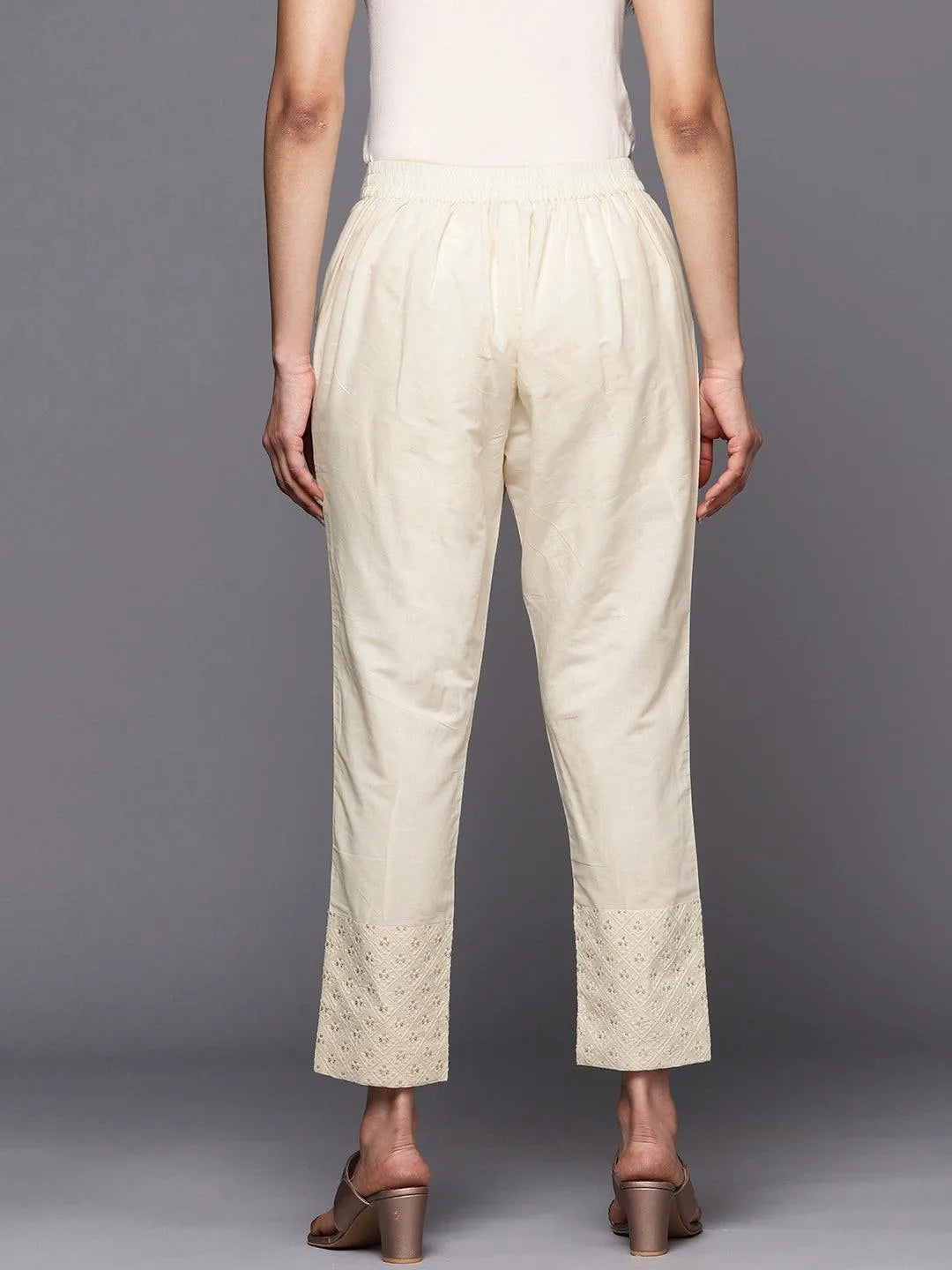 Off White Solid Cotton Trousers - Libas