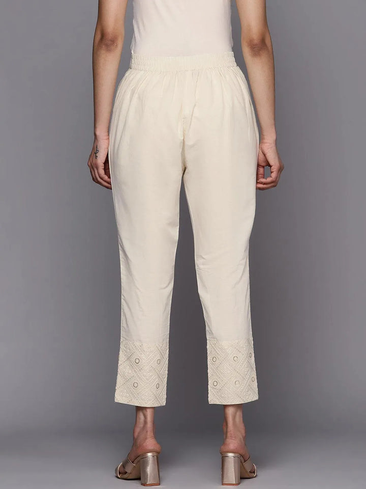 Off White Solid Cotton Trousers - Libas