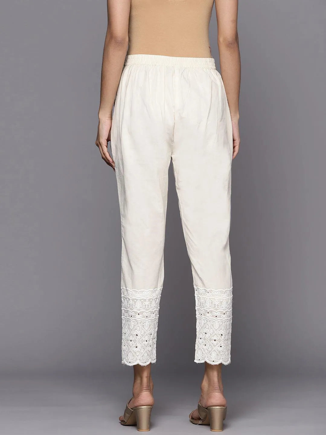 Off White Solid Cotton Trousers - Libas