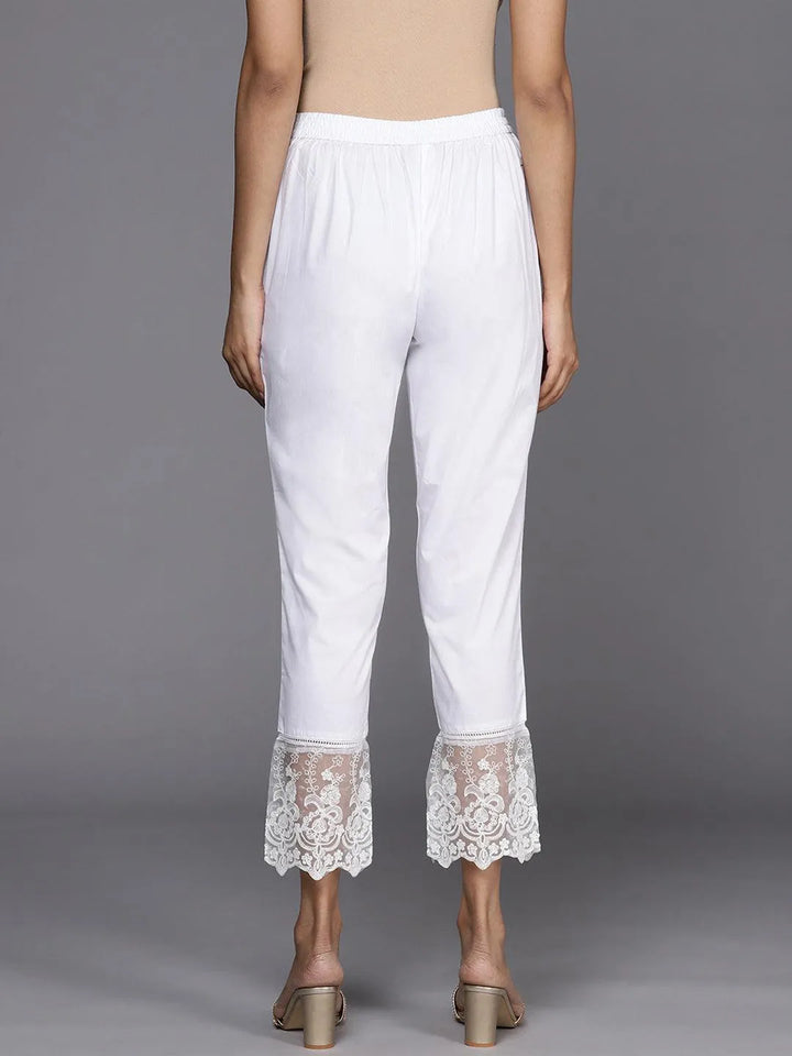 Off White Solid Cotton Trousers - Libas