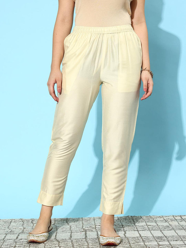 Off White Solid Silk Trousers - Libas