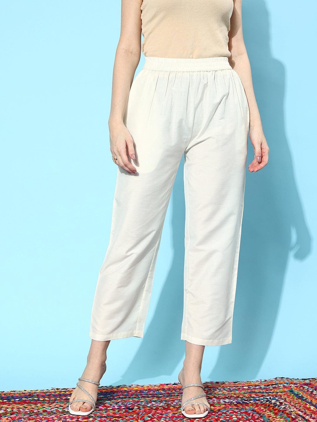 Off White Solid Silk Trousers - Libas 