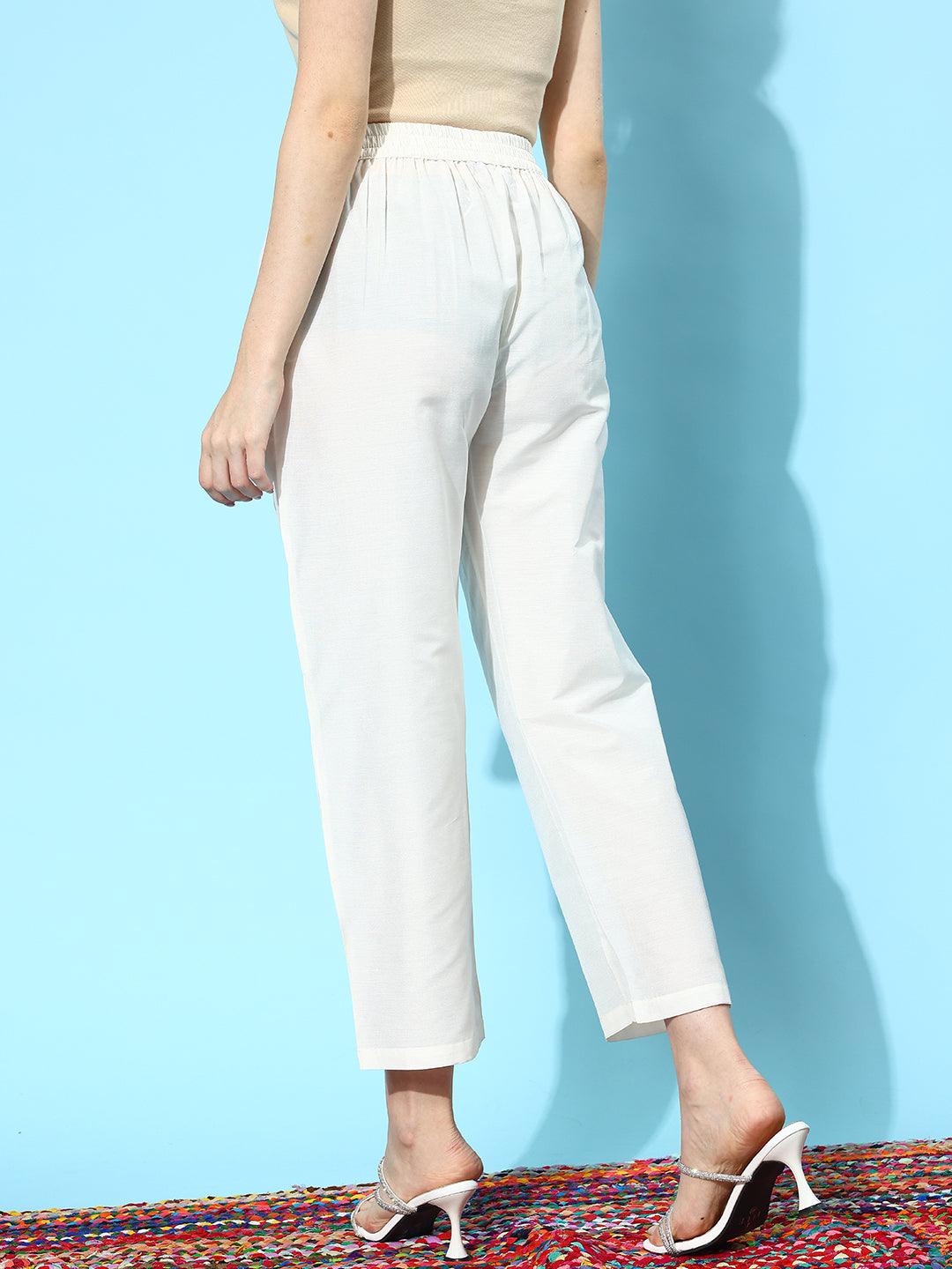 Off White Solid Silk Trousers - Libas 