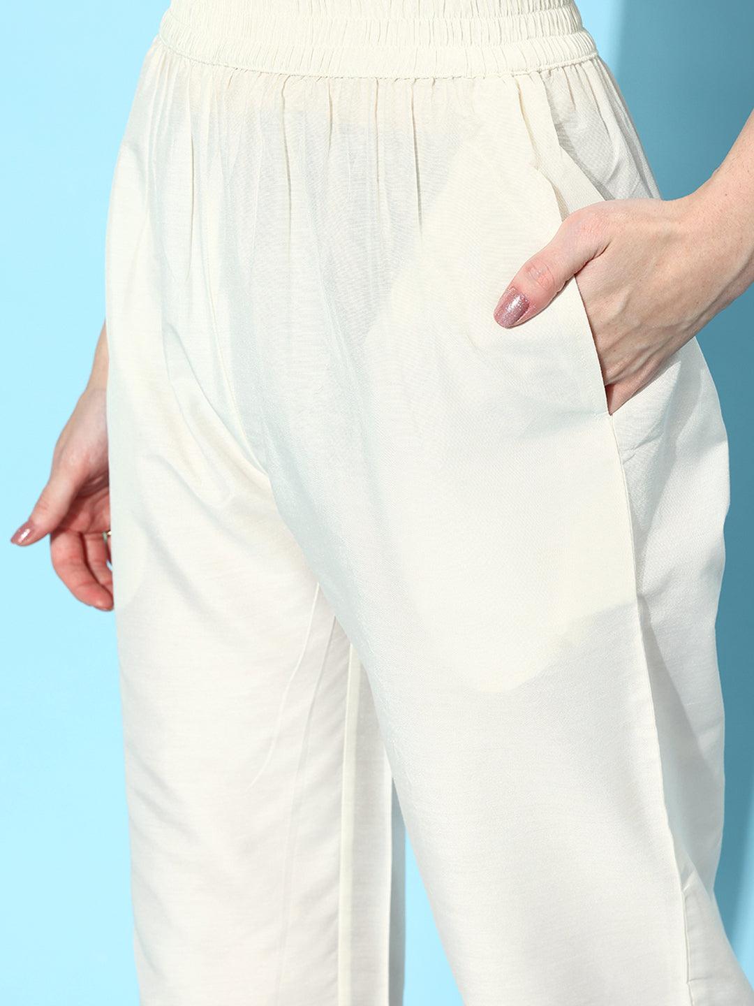 Off White Solid Silk Trousers - Libas 