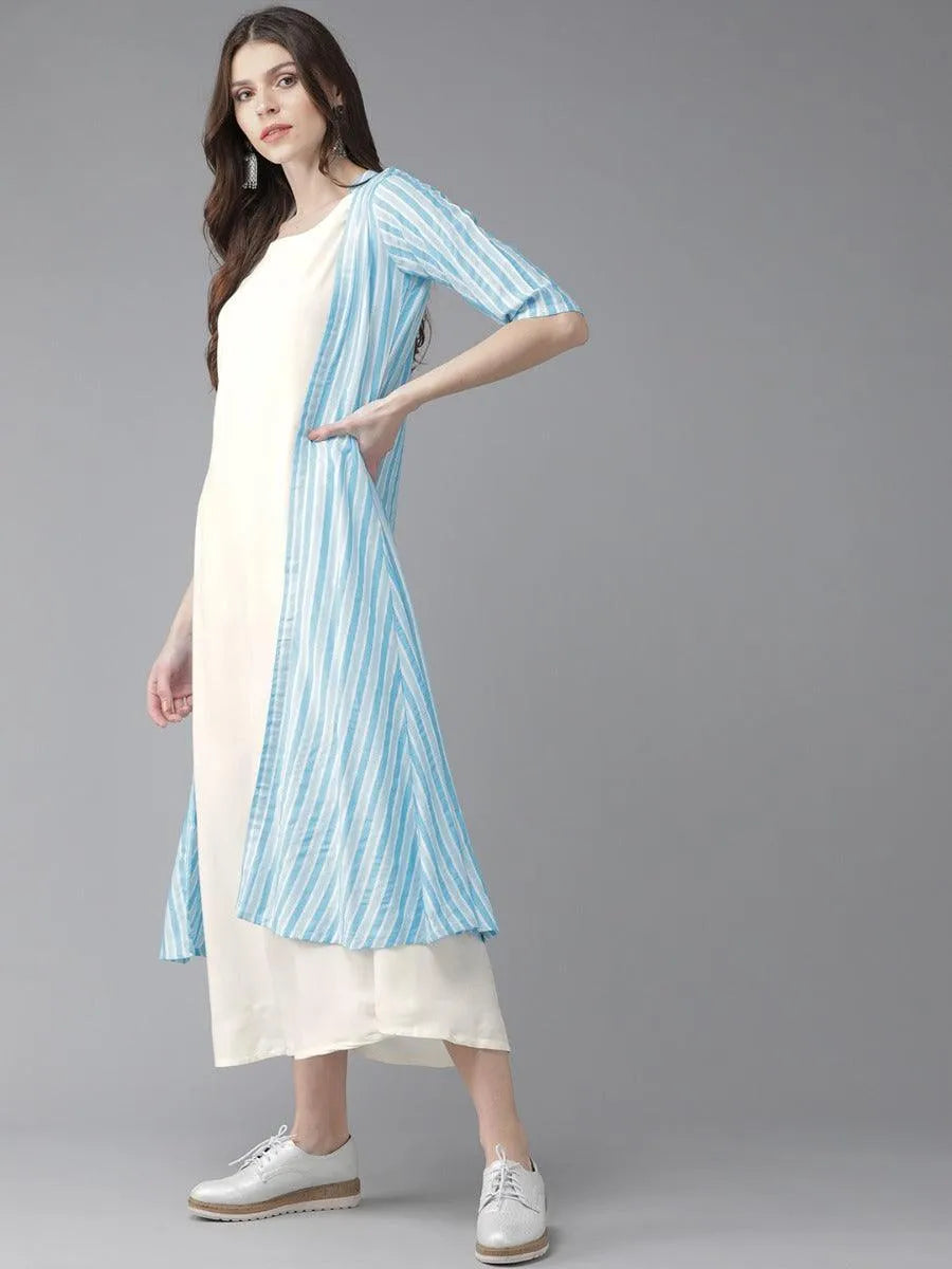 Off-White Striped Rayon Dress With Jacket - Libas 