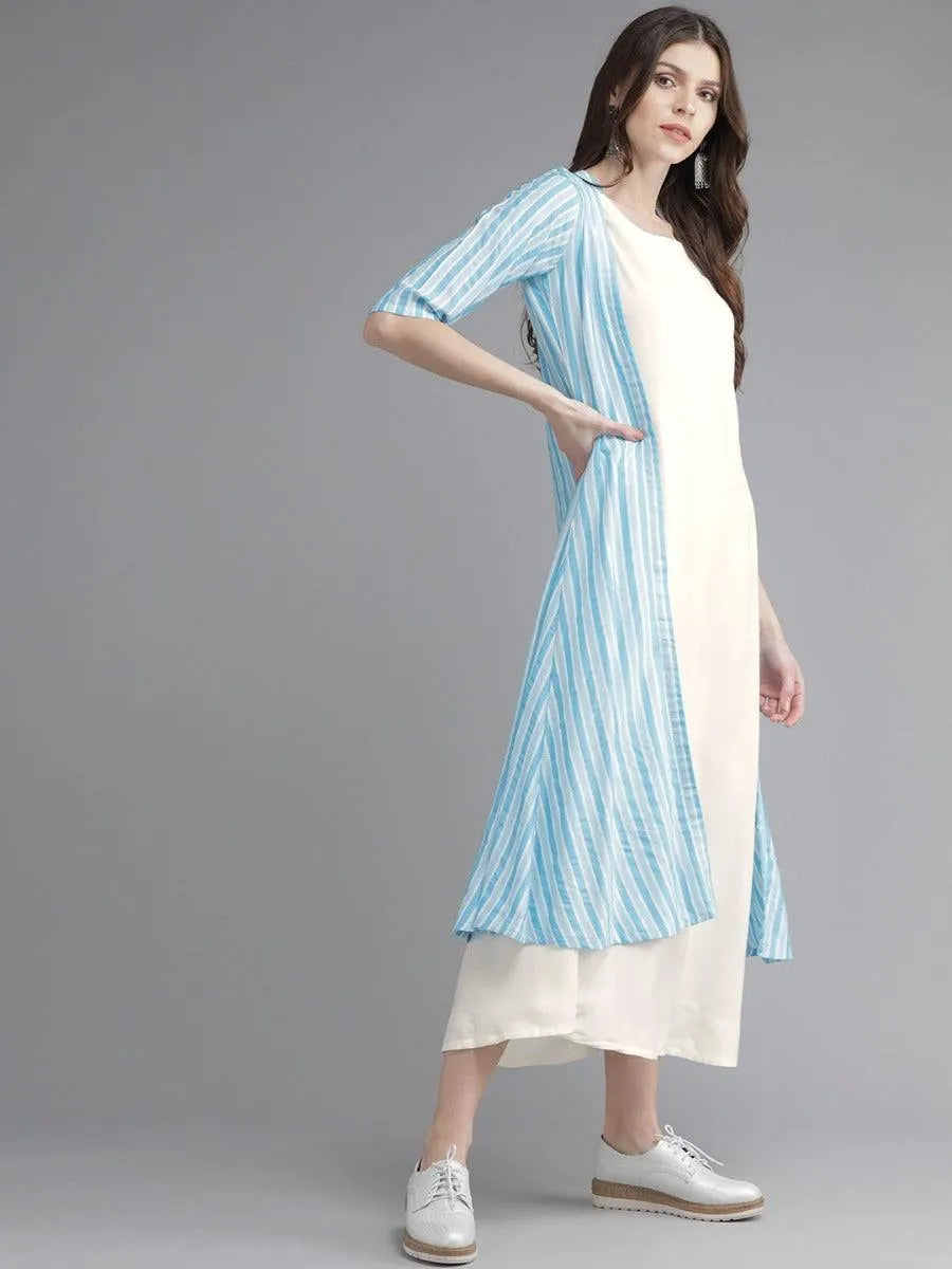 Off-White Striped Rayon Dress With Jacket - Libas 