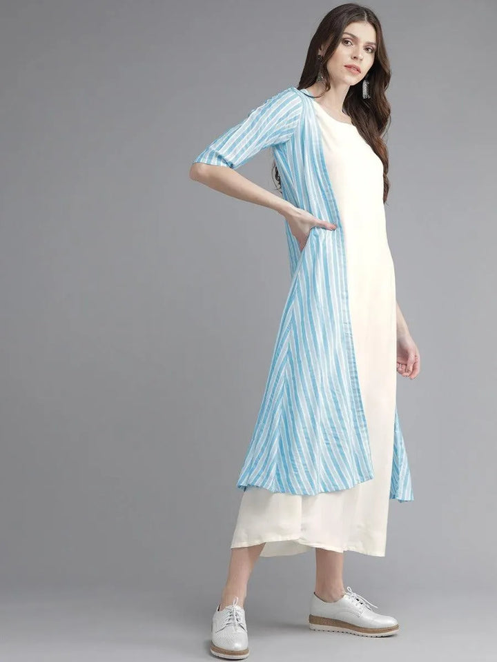 Off-White Striped Rayon Dress With Jacket - Libas