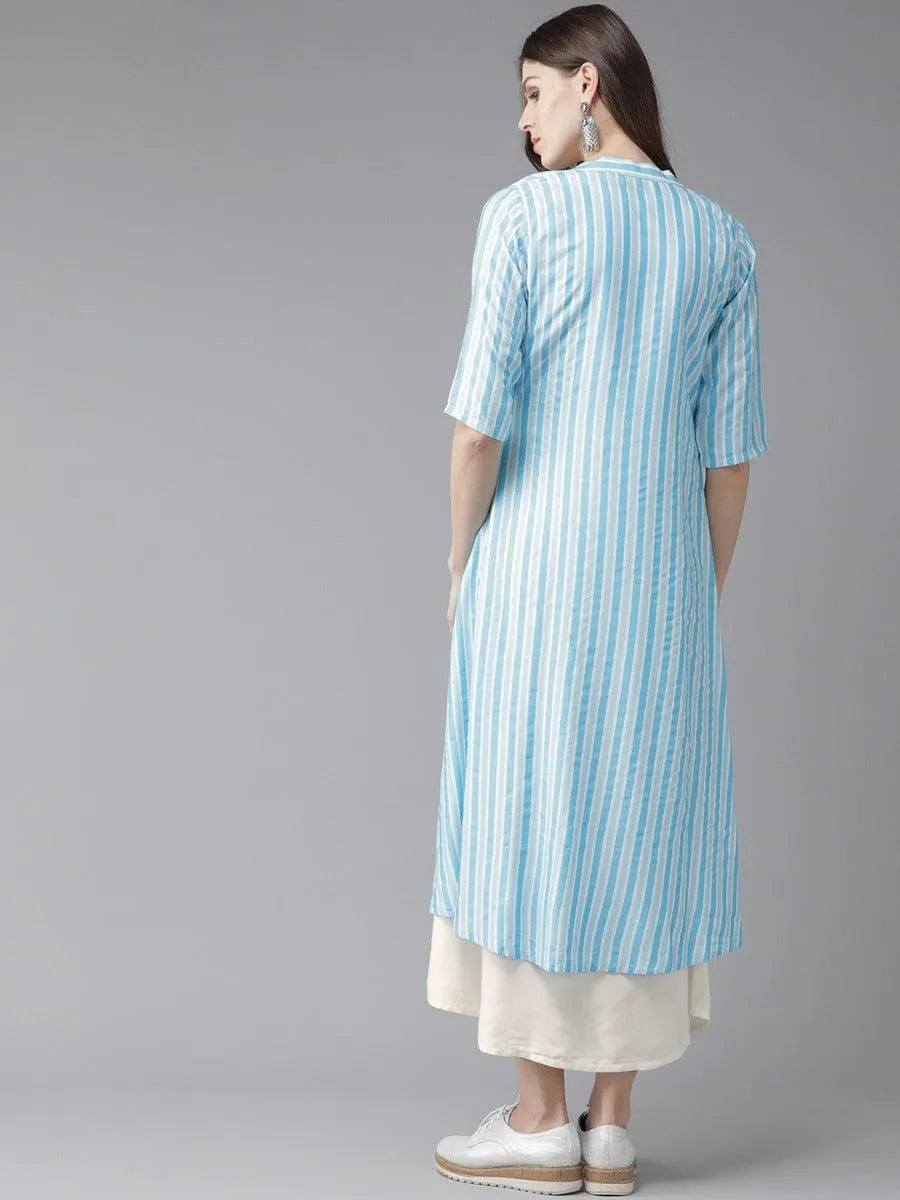 Off-White Striped Rayon Dress With Jacket - Libas 