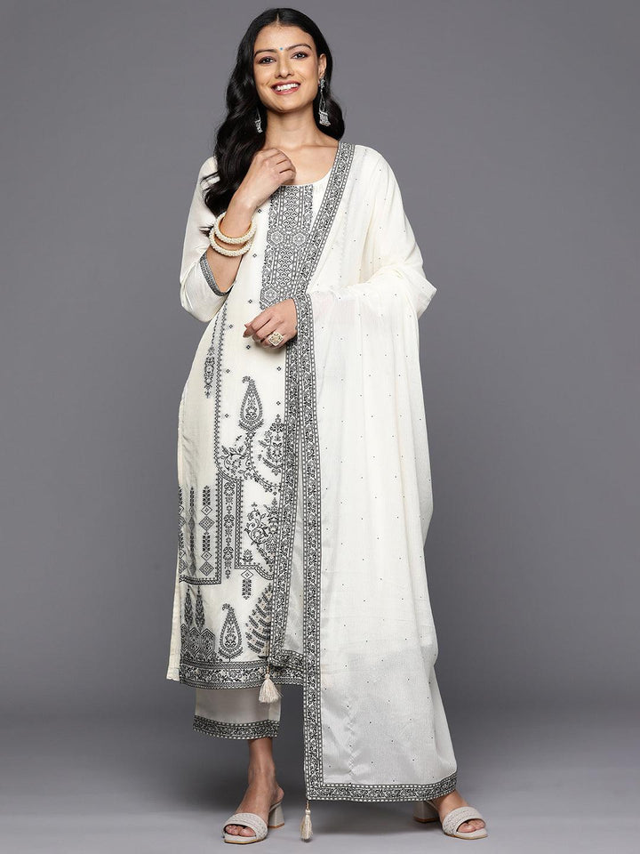 Off White Woven Design Silk Blend Straight Kurta With Trousers & Dupatta - Libas