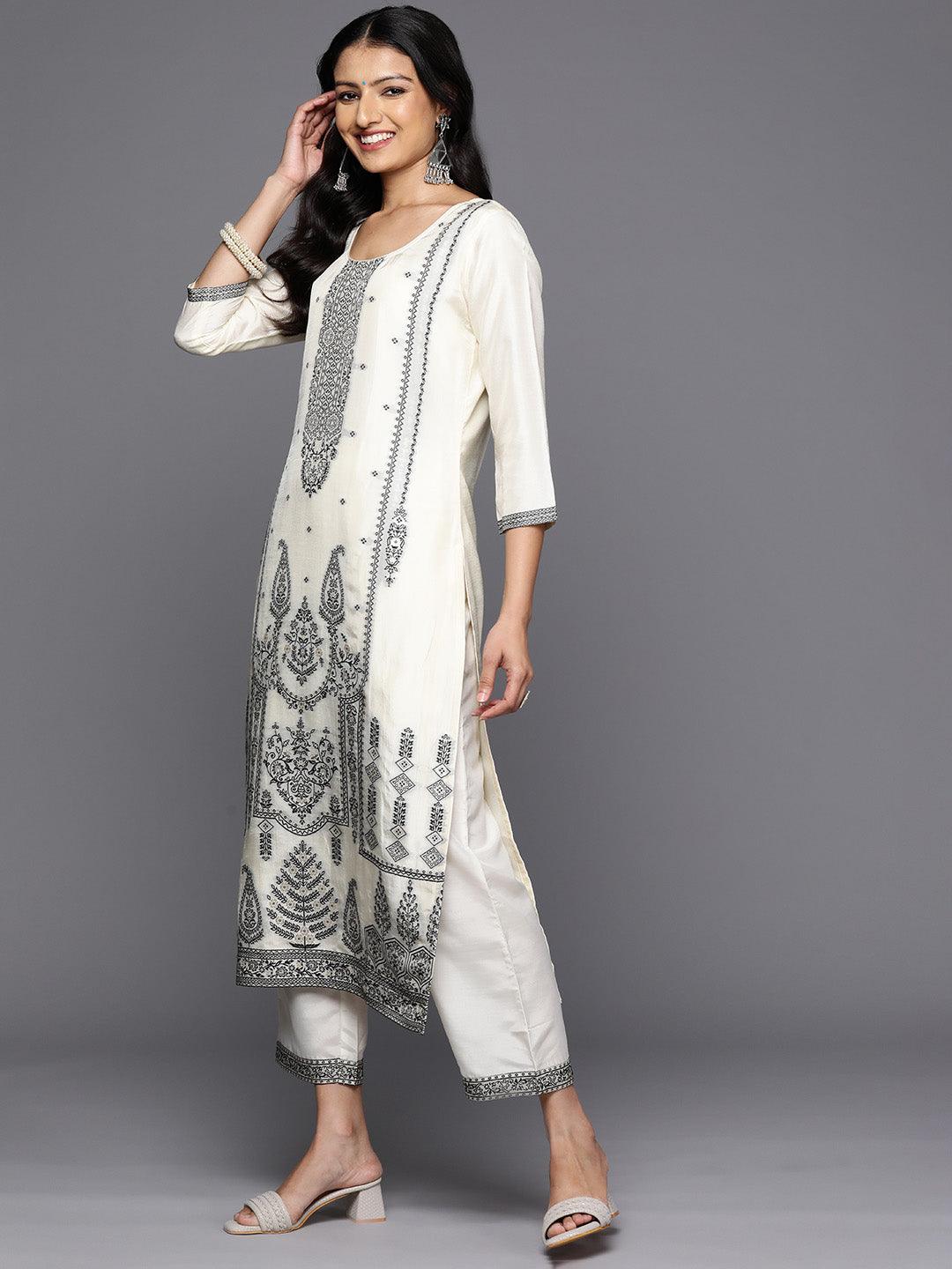 Off White Woven Design Silk Blend Straight Kurta With Trousers & Dupatta - Libas