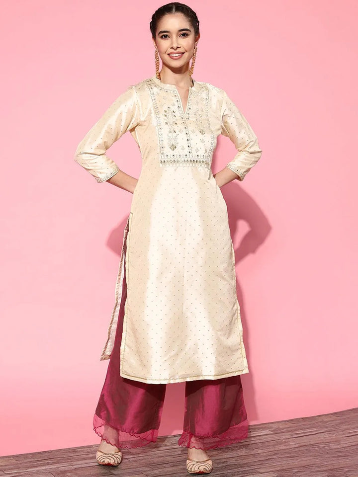 Off White Yoke Design Art Silk Straight Kurta - Libas