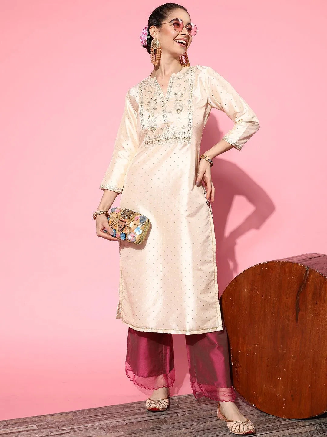 Off White Yoke Design Art Silk Straight Kurta - Libas