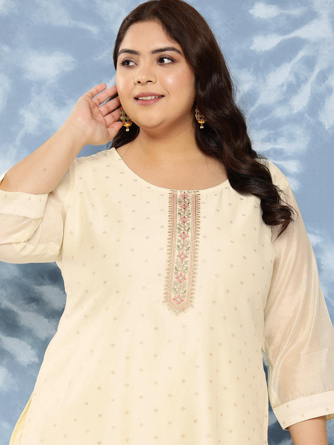 Off White Yoke Design Chanderi Silk Straight Kurta - Libas