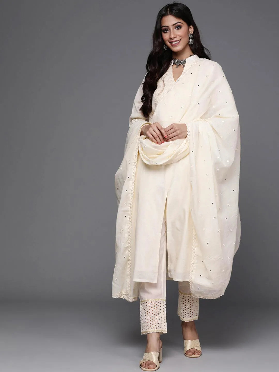 Off White Yoke Design Cotton Suit Set - Libas