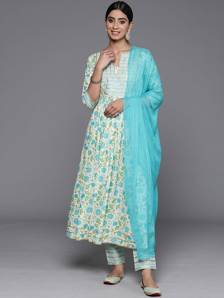 Off White Yoke Design Cotton Anarkali Kurta With Trousers & Dupatta - Libas