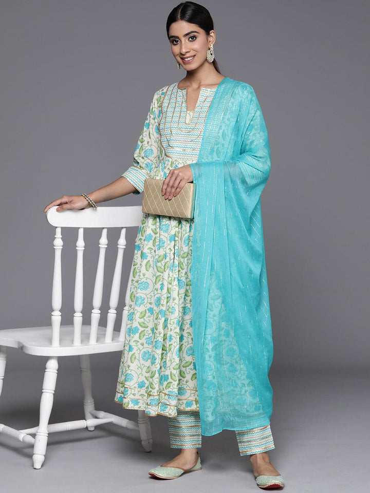 Off White Yoke Design Cotton Anarkali Kurta With Trousers & Dupatta - Libas